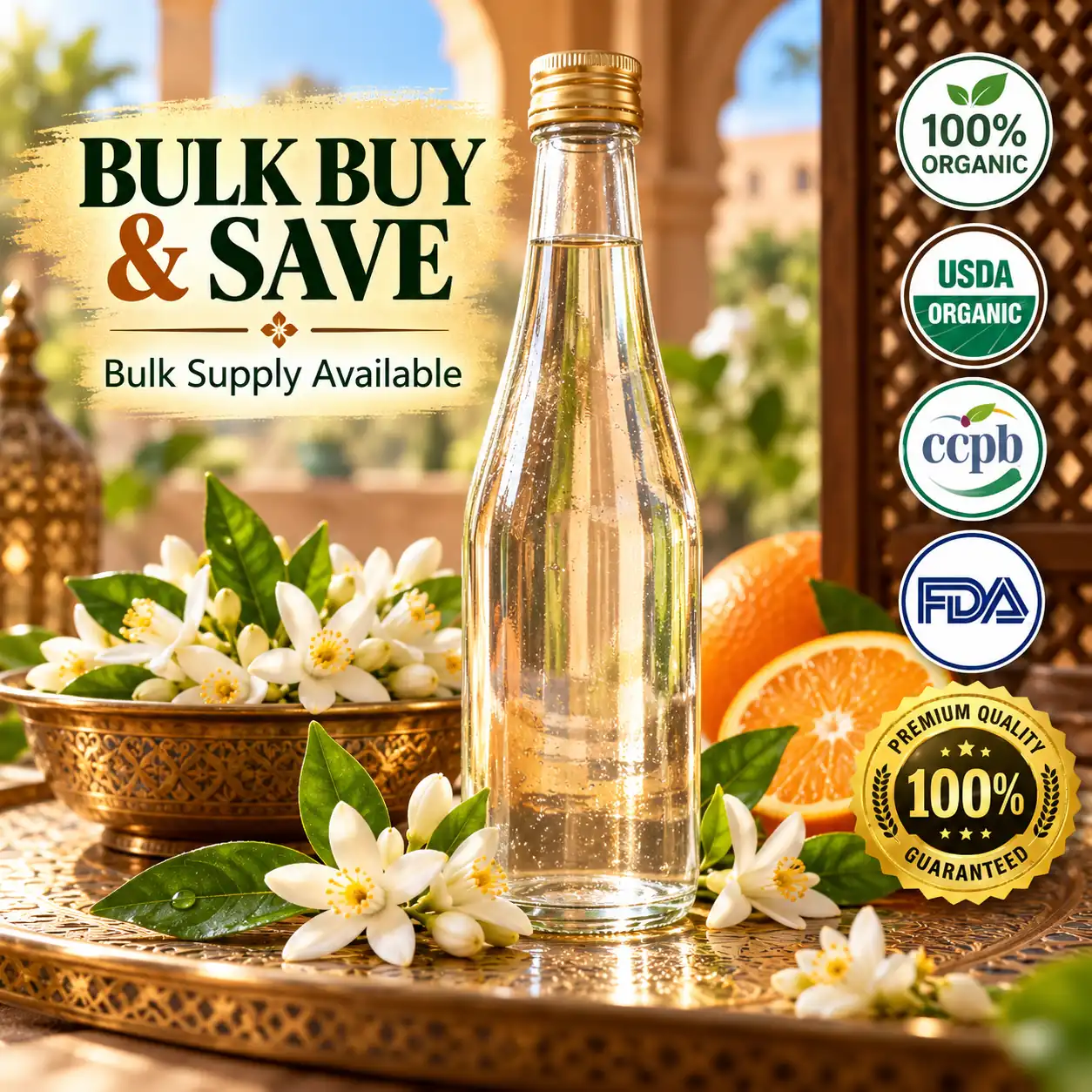 Moroccan orange blossom water — neroli hydrosol, bulk supply