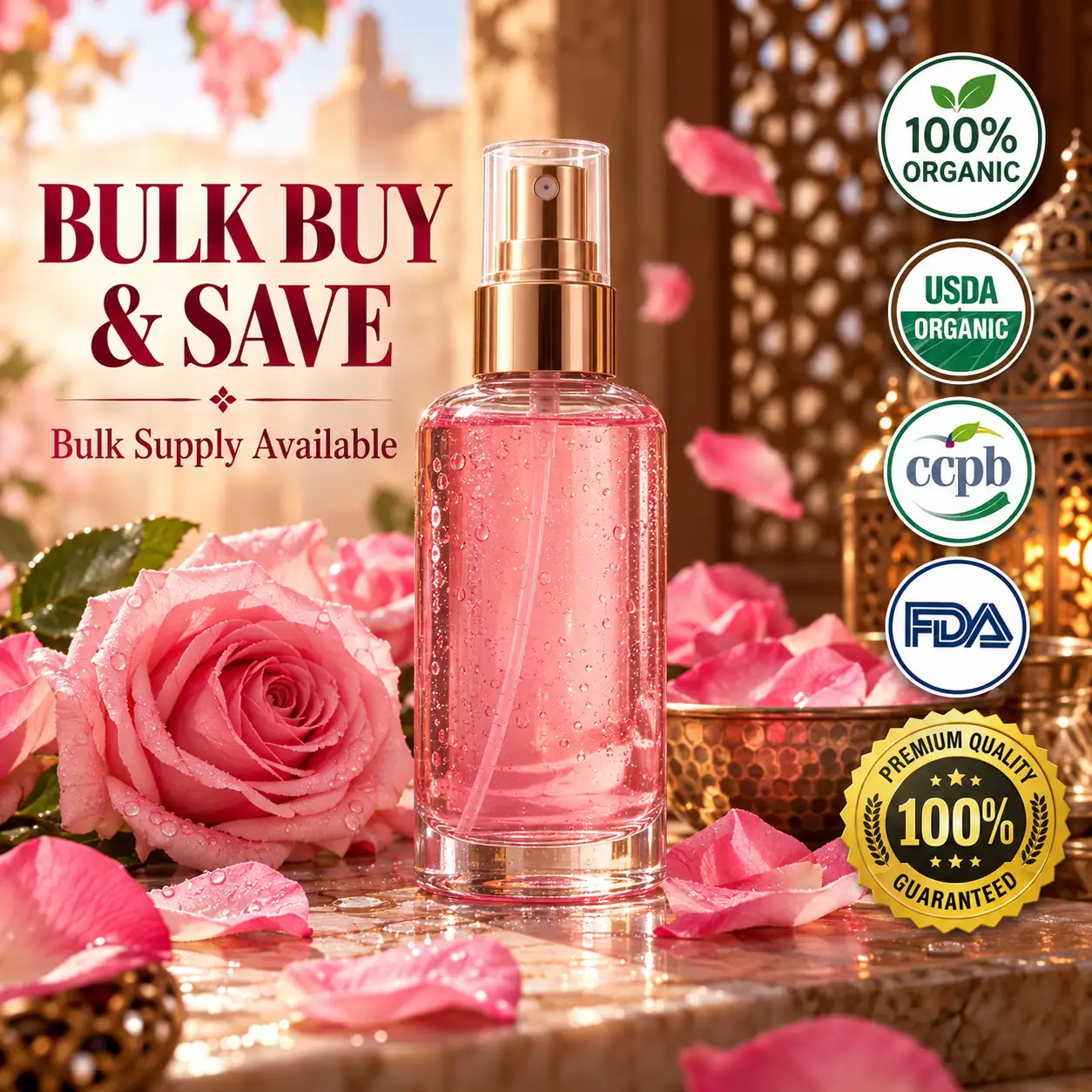 Moroccan rose water — floral hydrosol for toners and skincare, bulk