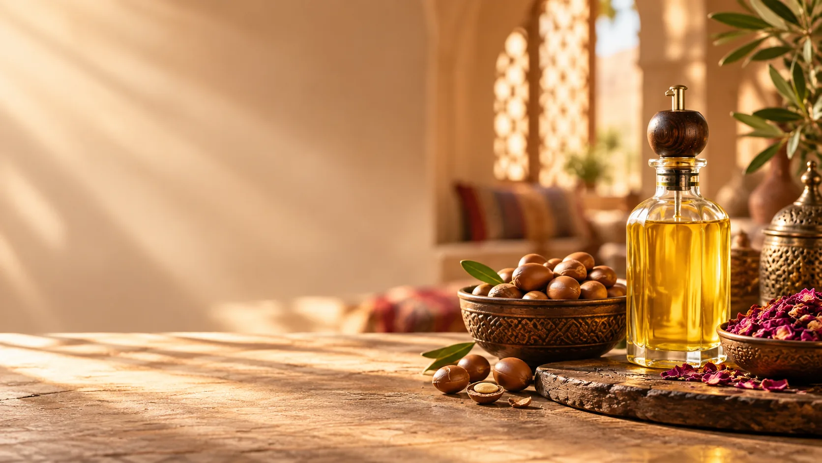 Argan oil, argan nuts and rose petals on a Moroccan table